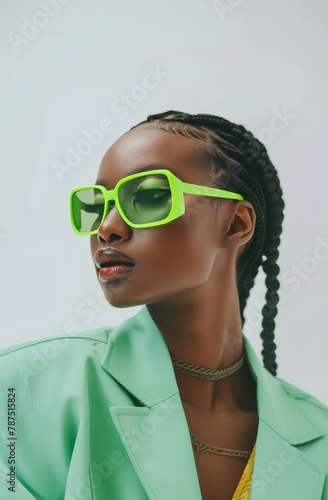 Woman Wearing Neon Green Sunglasses and Green Jacket