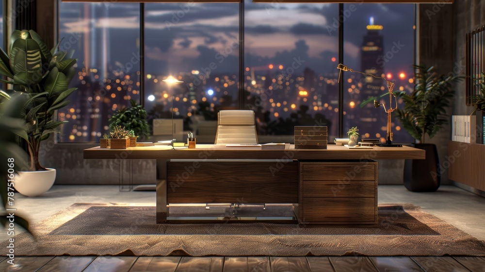 A mockup of a desk in a room with evening city lights glowing in the background AI generated illustration A mockup of a desk in a room with evening city lights glowing in the background AI generated illustration