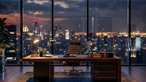 A mockup of a desk in a modern interior with city lights in the background AI generated illustration