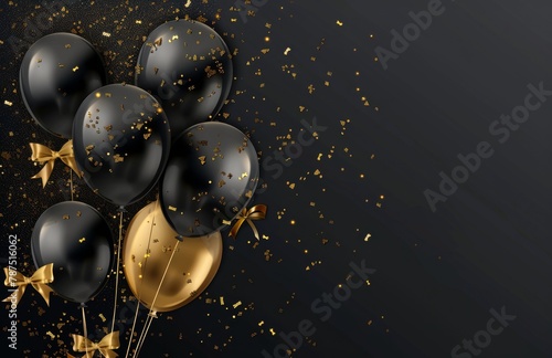 Black and Gold Balloons With Gold Confetti and Streamers