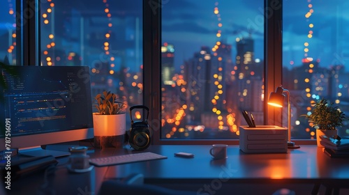 A mockup of a workspace with city lights shining in through the windows AI generated illustration