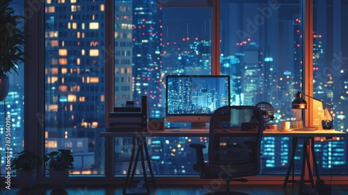 A mockup of a workspace with city lights shining in through the windows AI generated illustration