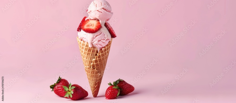 Ice cream cone topped with strawberries on a pink backdrop. Space for text. Ice cream cone topped with strawberries on a pink backdrop. Space for text.