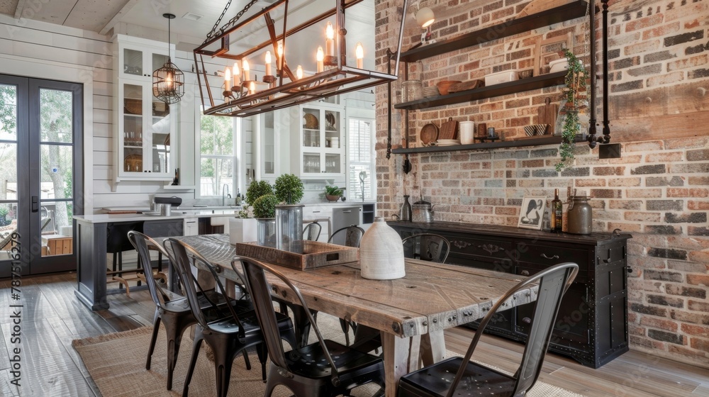 A dining room with a reclaimed wooden table and matte black metal chairs. The walls are covered in a mix of mattefinished brick and shiplap adding a rustic touch to the industrialstyle .