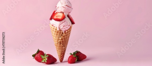 Ice cream cone topped with strawberries on a pink backdrop. Space for text.