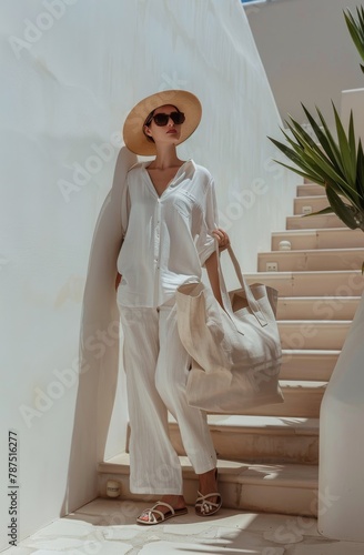 Woman Standing on Stairs With Large Bag