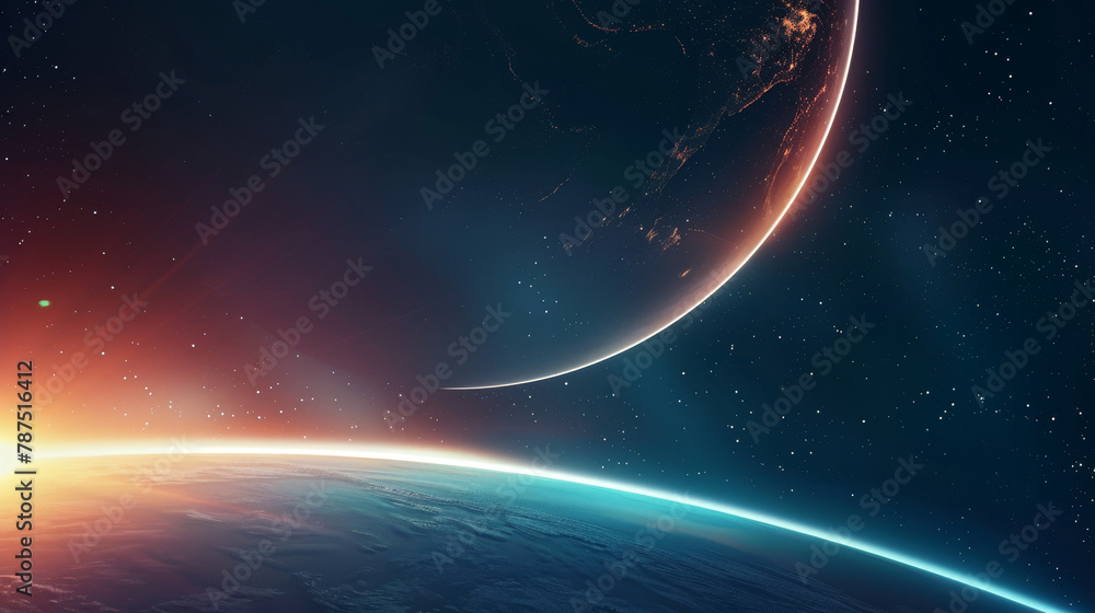 Fototapeta premium Sunrise over alien planet horizon from space.