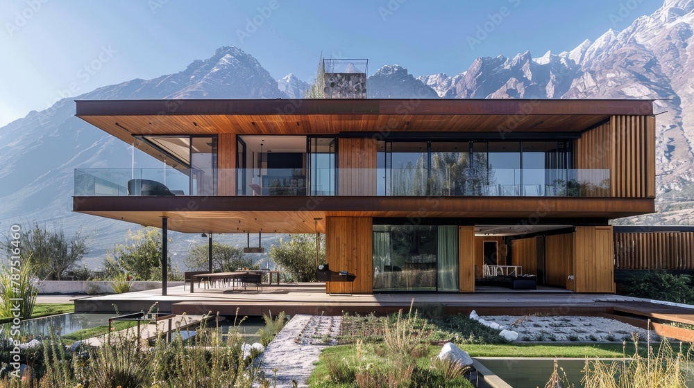 Obraz premium A modern villa with a wooden exterior and mountain backdrop AI generated illustration