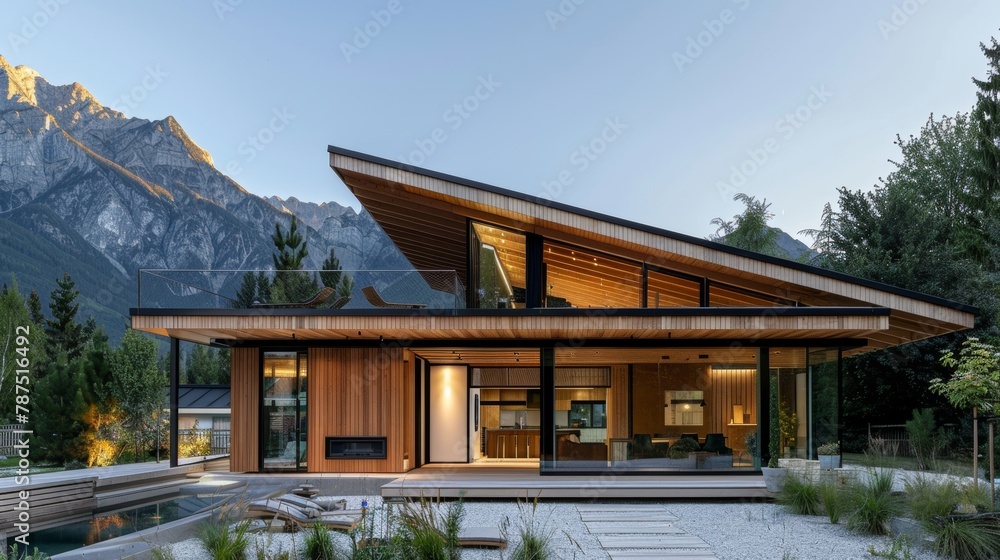 A modern wooden villa with a sloped roof and mountain backdrop  AI generated illustration