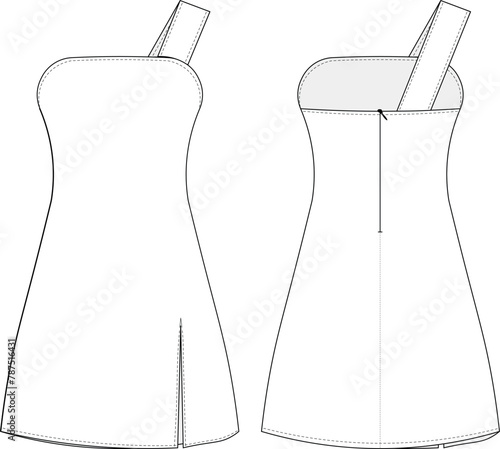 sleeveless strapless neck one shoulder strap strappy slit zippered a-line short mini dress template technical drawing flat sketch cad mockup fashion woman design style model
