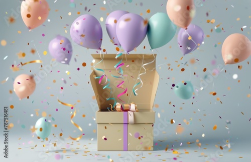 Gift Box With Balloons and Streamers of Confetti
