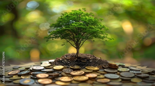 A money tree growing out of a pile of coins and bills AI generated illustration