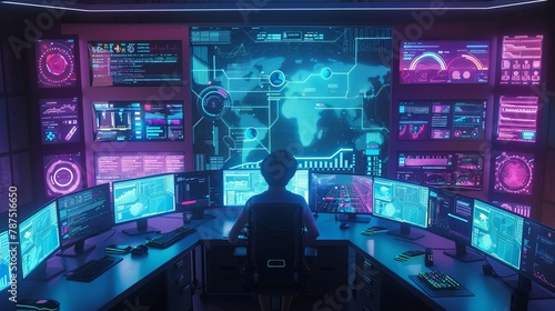 A person sitting at a computer desk surrounded by screens displaying various information AI generated illustration