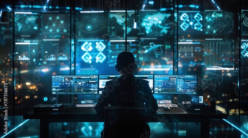 A person sitting at a computer desk surrounded by screens displaying various information AI generated illustration