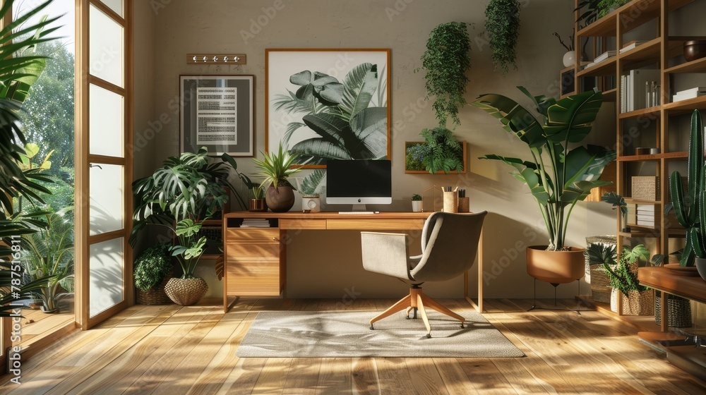 A serene home office with plants and natural elements incorporated into the design  AI generated illustration