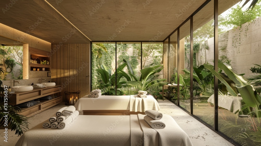 Fototapeta premium A serene spa with plush robes and massage tables AI generated illustration