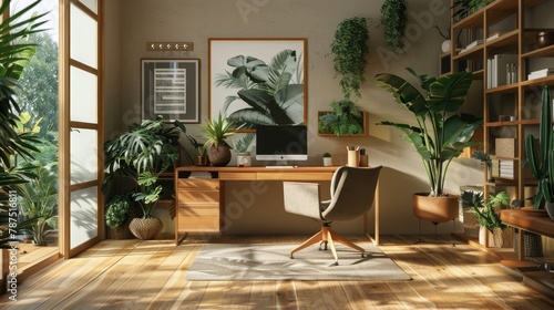 A serene home office with plants and natural elements incorporated into the design AI generated illustration