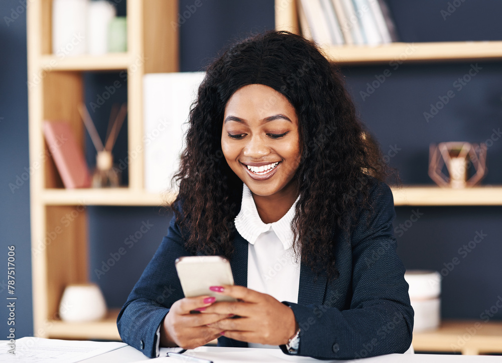 Smile, typing and black woman with phone in office for email, communication and online research. Corporate, attorney and happy with technology for legal information or policy review for law case Smile, typing and black woman with phone in office for email, communication and online research. Corporate, attorney and happy with technology for legal information or policy review for law case