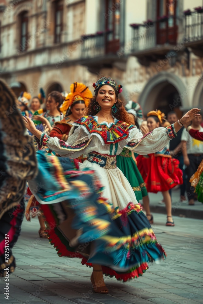 A vibrant group of women dressed in colorful attire energetically dancing together. The women are showcasing traditional movements and cultural expressions through their synchronized dance