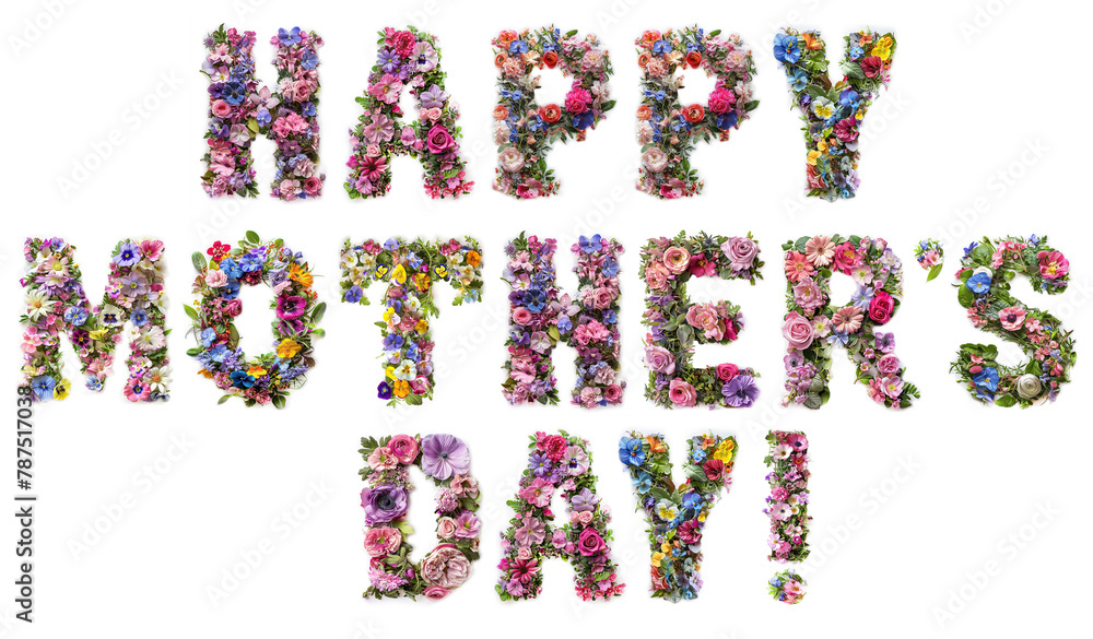 Text Happy Mother's Day made of natural flowers and leaves. Mother's Day concept Text Happy Mother's Day made of natural flowers and leaves. Mother's Day concept