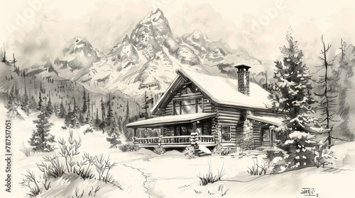 A sketch of a cozy log cabin nestled in the mountains  AI generated illustration © ArtStage