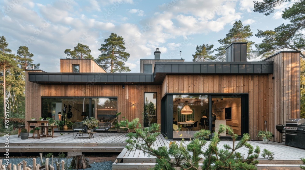 Fototapeta premium A sophisticated Scandinavian property with a wooden facade and spruce trees AI generated illustration
