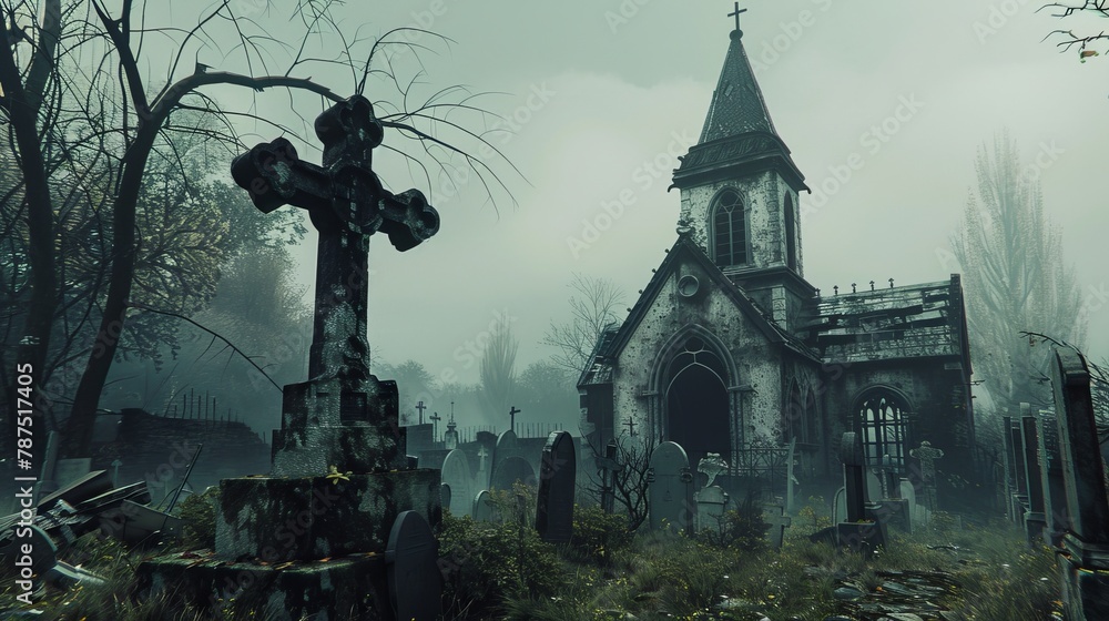 A spooky graveyard with a dilapidated chapel  AI generated illustration