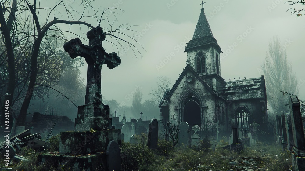 A spooky graveyard with a dilapidated chapel AI generated illustration A spooky graveyard with a dilapidated chapel AI generated illustration