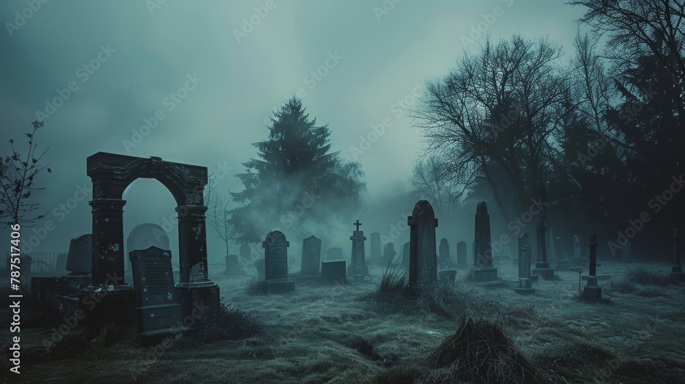 Obraz premium A spooky graveyard with eerie mist drifting through the tombstones AI generated illustration
