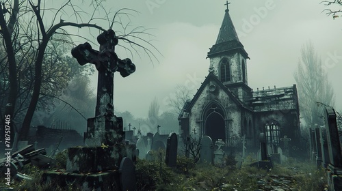 A spooky graveyard with a dilapidated chapel AI generated illustration