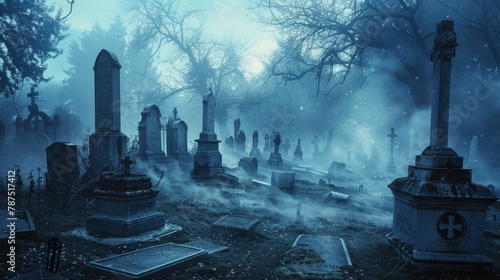A spooky graveyard with mist swirling around the tombstones AI generated illustration
