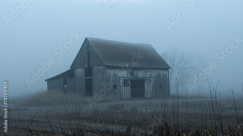 A spooky old barn surrounded by fog  AI generated illustration