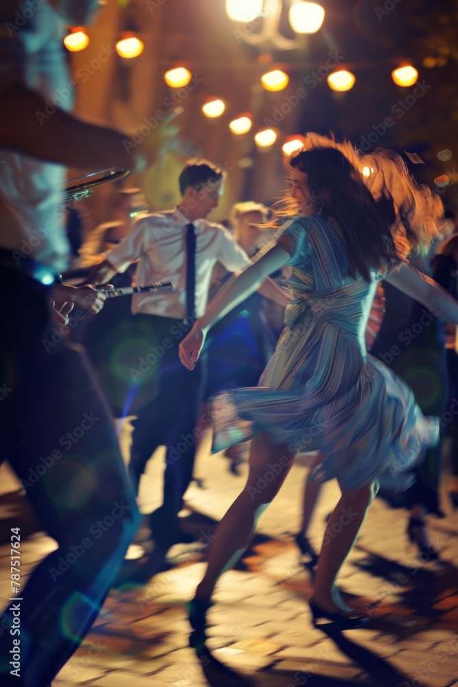 A woman in a dress is energetically dancing on the street, showcasing her moves with grace and style. The vibrant scene captures her fluid movements as she enjoys the music and rhythm around her