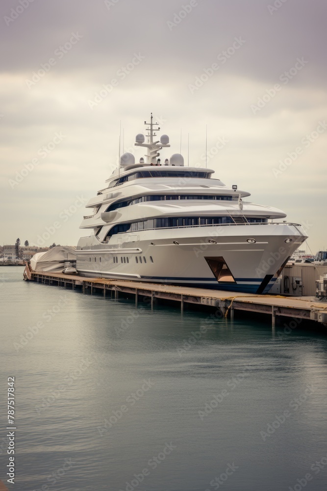 A large white boat is seen docked at a marina alongside other boats. The boat appears to be stationary, likely after arriving at the dock