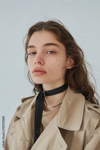 Woman Wearing Trench Coat and Choker