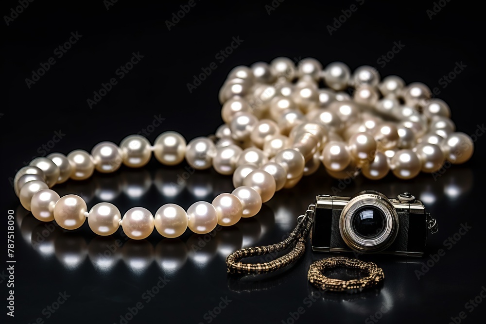 A camera resting next to a cluster of pearls on a wooden table. The pearls glisten in the light, contrasting with the sleek design of the camera A camera resting next to a cluster of pearls on a wooden table. The pearls glisten in the light, contrasting with the sleek design of the camera