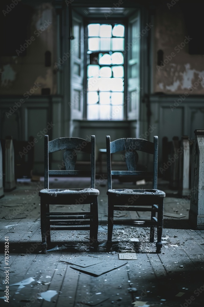 Two vintage chairs with intricate carvings sit empty in a weathered, dimly lit room. The chairs are positioned facing each other, showcasing their ornate design against the aged backdrop