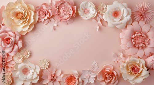Paper Flowers Arranged in a Circle on Pink Background