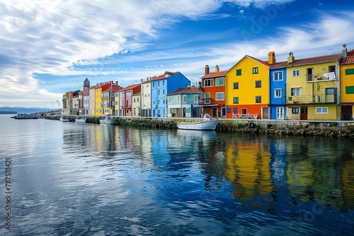 A row of vibrant, colorful houses lines the edge of the water, creating a striking contrast against the blue backdrop. The buildings reflect in the calm waters, adding to the picturesque scene photo