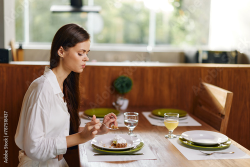 Romantic Dinner Date Smiling Woman Enjoying Homemade Meal and Wine at Stylish Dining Table