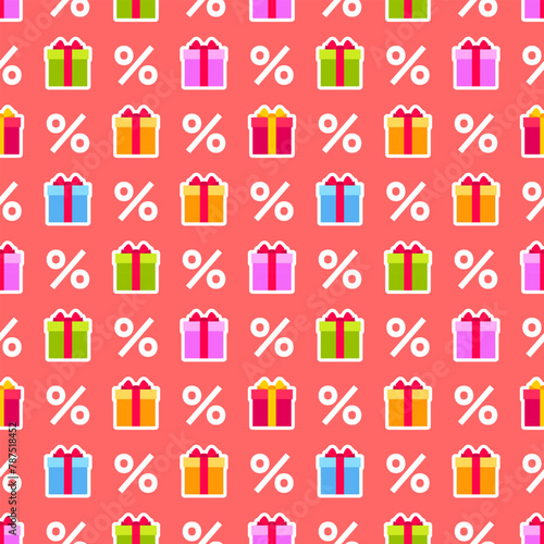 Seamless pattern with colorful gift boxes and percent signs