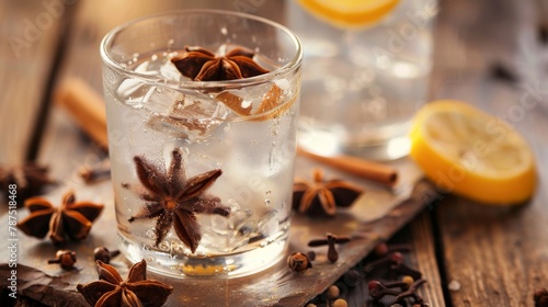 Glass of Ice With Star Anise on Wooden Table