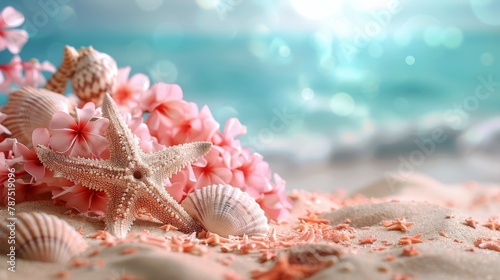 Starfish and Seashells on Sandy Beach