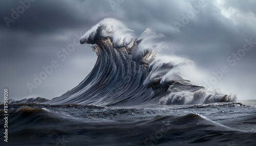 Dramatic Seascape: Enormous Wave Cresting with Elegance Amidst Wind on a Overcast Day