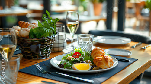 The table is made of wood and is adorned with dark blue placemats. A white plate is placed on the placemat  showcasing an assortment of food items