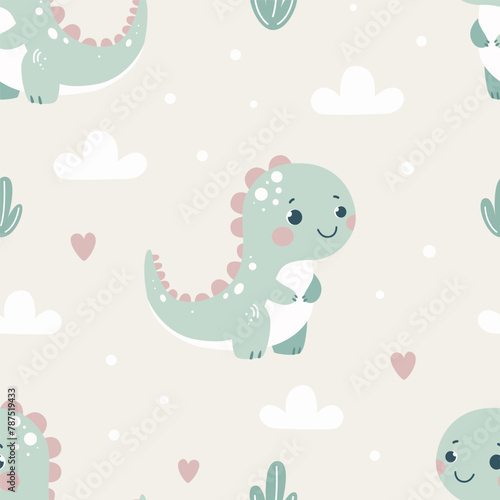 Seamless pattern with cute dinosaurs and clouds on a colored background. Vector illustration for printing. Cute children's background.