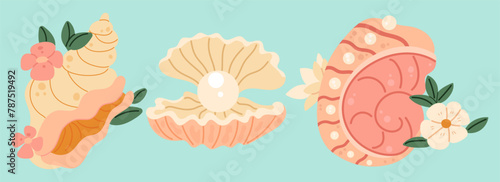 Set of seashells and starfishes. Pearl corral and snail shells. Sea life elements. Vector illustration sea set for poster, card, scrapbooking , stickers.