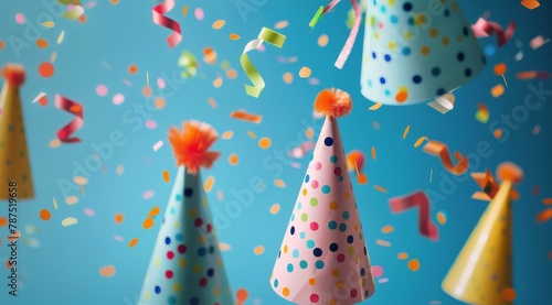 Group of Balloons With Confetti on Blue Background