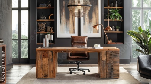 A contemporary office with a statement desk made from reclaimed wood with a sleek and modern design. The wood is sanded and polished to create a smooth surface but still showcases .