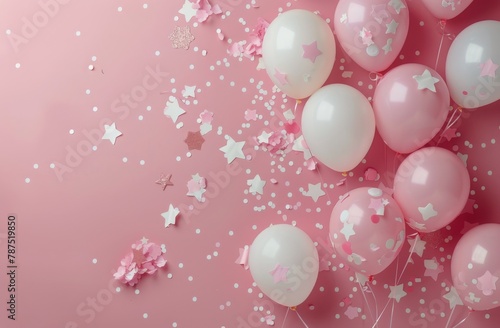 Pink and White Balloons and Confetti on a Pink Background